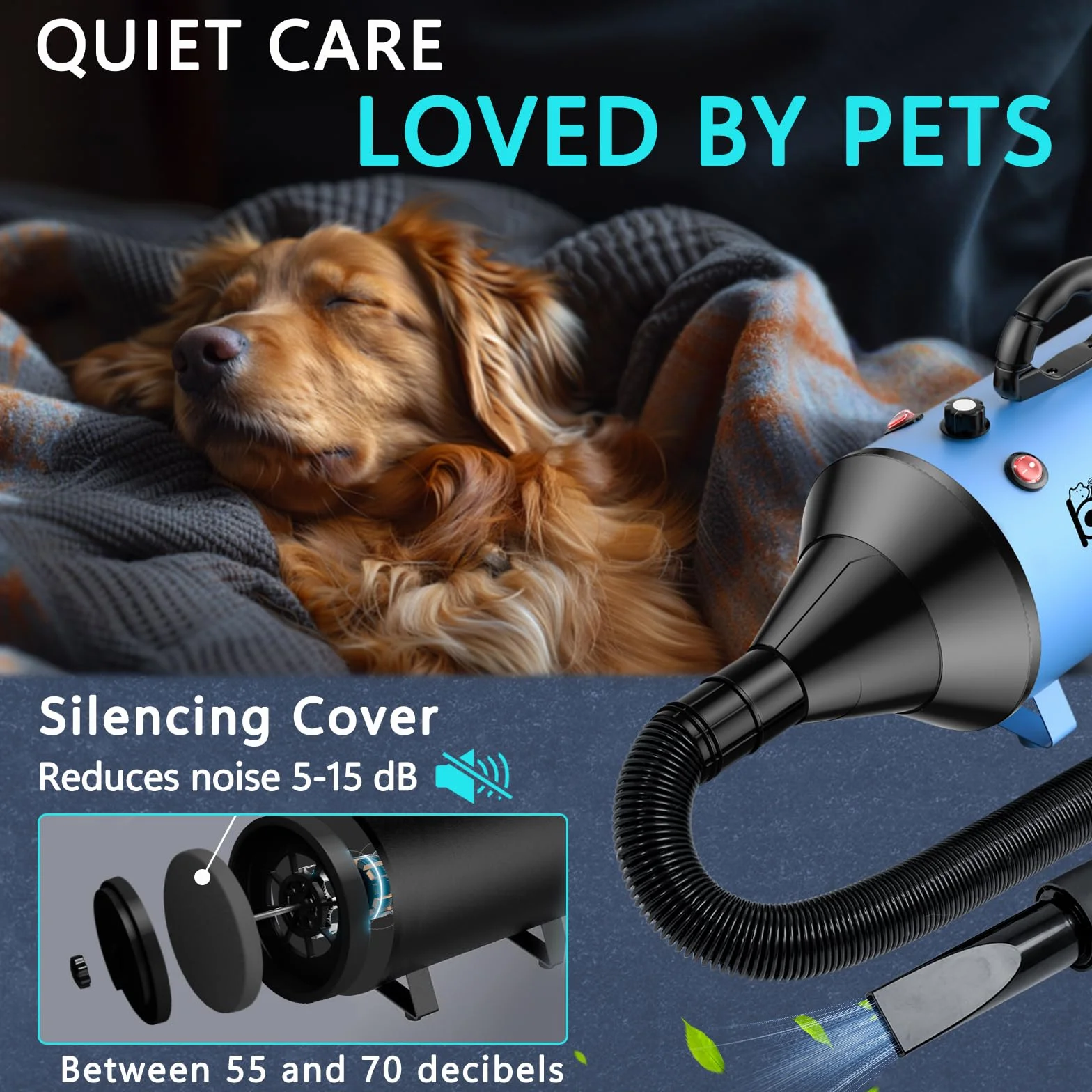 Secador de Pelo de Perro Blaster 3800 W/5.2 HP, secador de Pelo para Mascotas, Calentador de Temperatura de bajo Ruido con 4 boquillas Diferentes y Cepillo de Aseo para Mascota