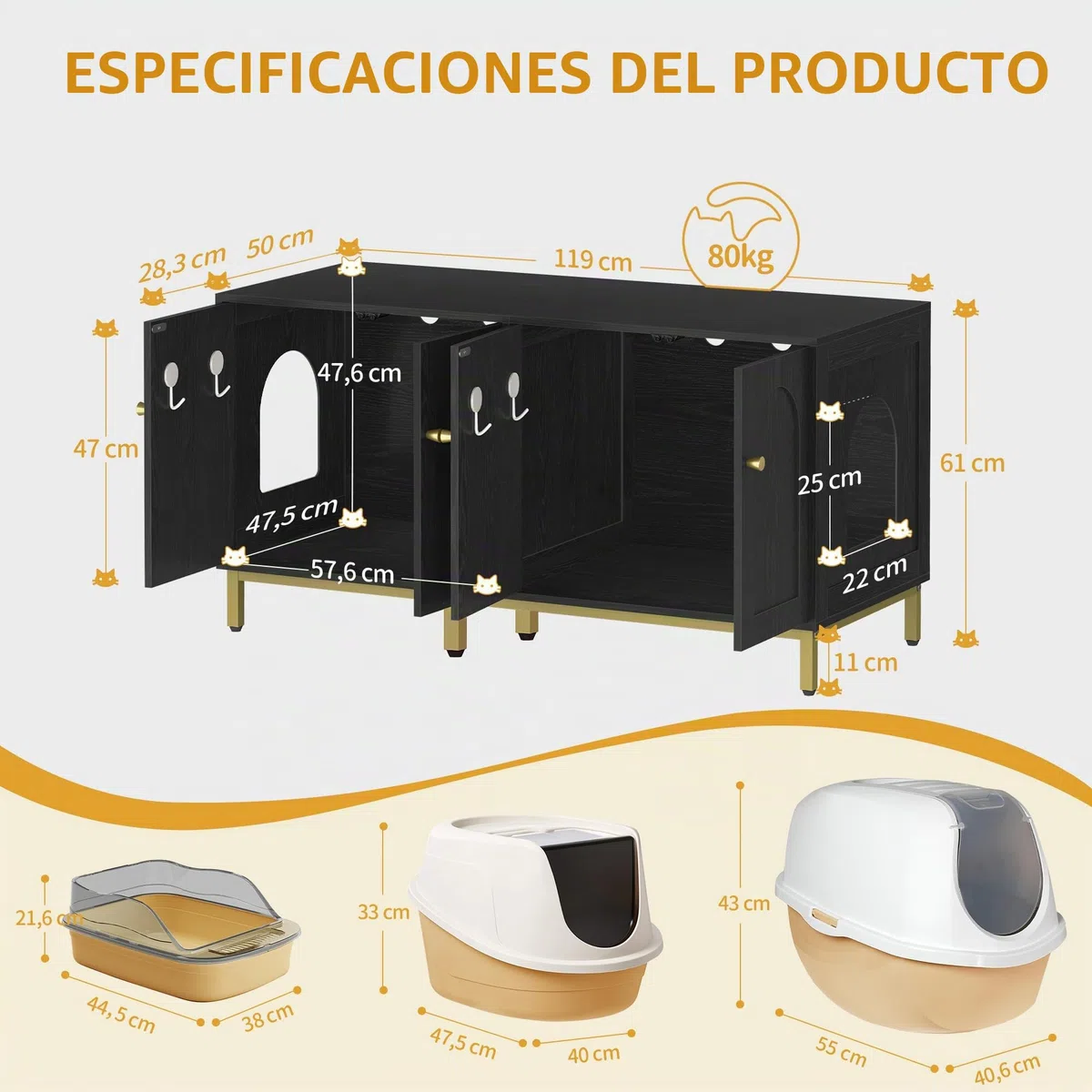 Hzuaneri Caja de Arena para 2 Gatos, 119cm Mueble para Caja de Arena Oculta, Casa de Madera para Mascotas, Mueble de Almacenaje, Se Adapta a la Mayoría de Arenero Gato, Negro CB82304A