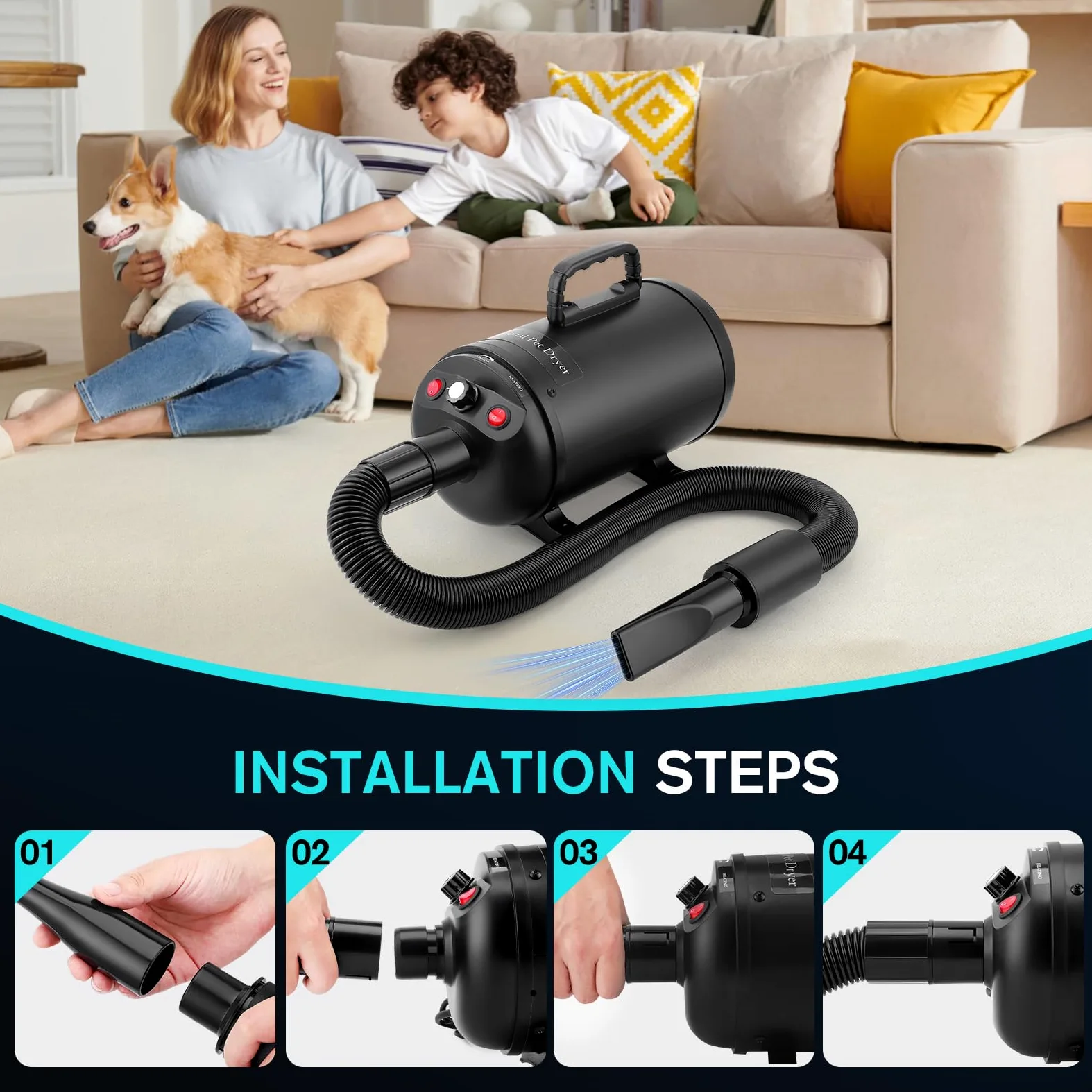 Secador de Pelo de Perro Blaster 5.2 CV / 3800 W, Profesional Secador de Pelo para Mascotas con 4 Boquillas, Velocidad y Calor Ajustables
