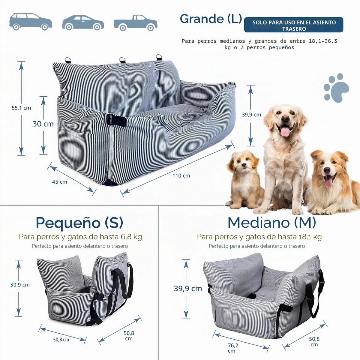 Asiento de coche para perros grandes de hasta 36 kg, cama lavable para perros, asiento para perros portátil con 2 correas de seguridad y base antideslizante