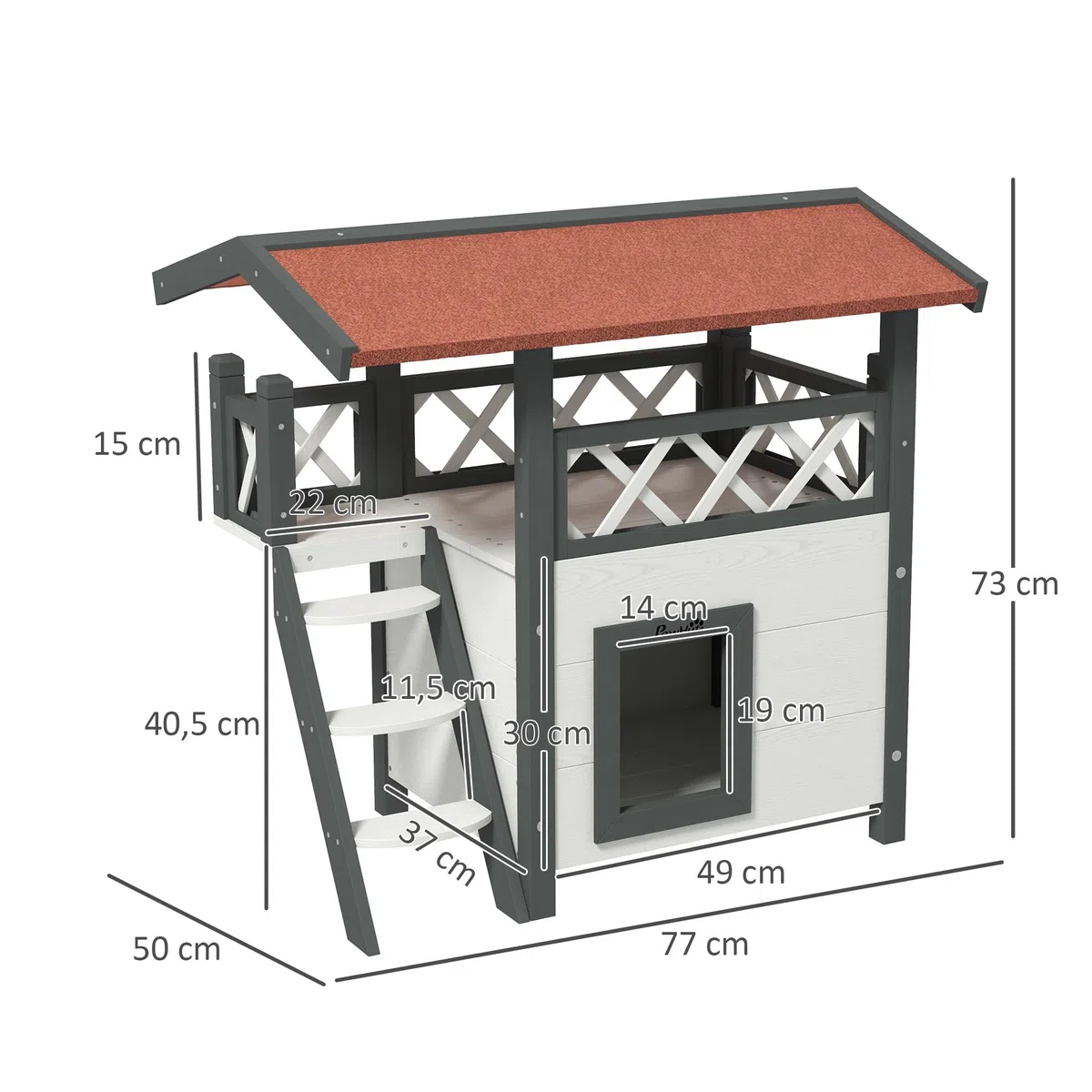 PawHut Casa para Gatos de Madera 77x50x73 cm de 2 Niveles, Caseta para Gatos, Refugio con Techo Asfáltico, Balcón y Escalera, para Exterior, Blanco
