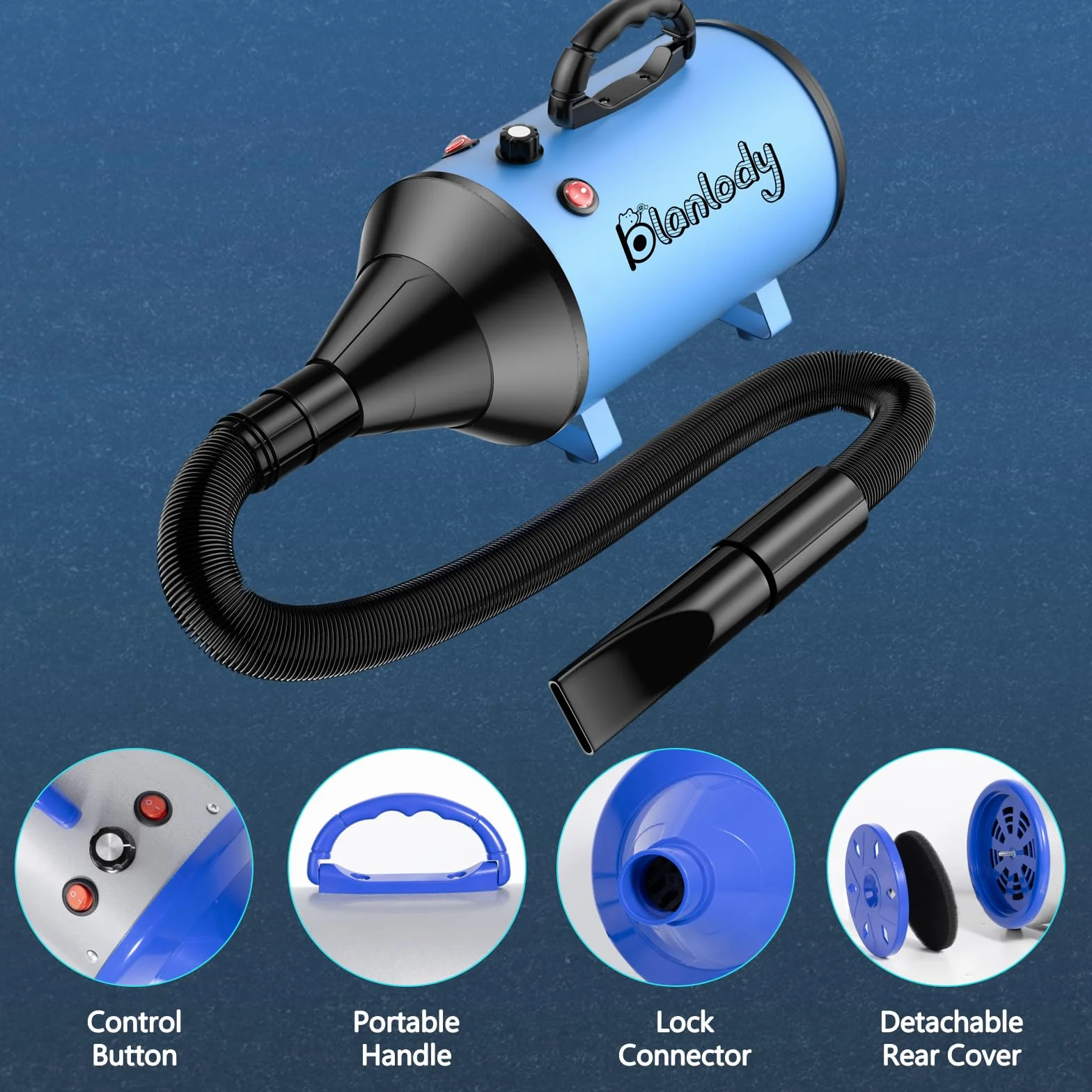 Secador de Pelo de Perro Blaster 3800 W/5.2 HP, secador de Pelo para Mascotas, Calentador de Temperatura de bajo Ruido con 4 boquillas Diferentes y Cepillo de Aseo para Mascota