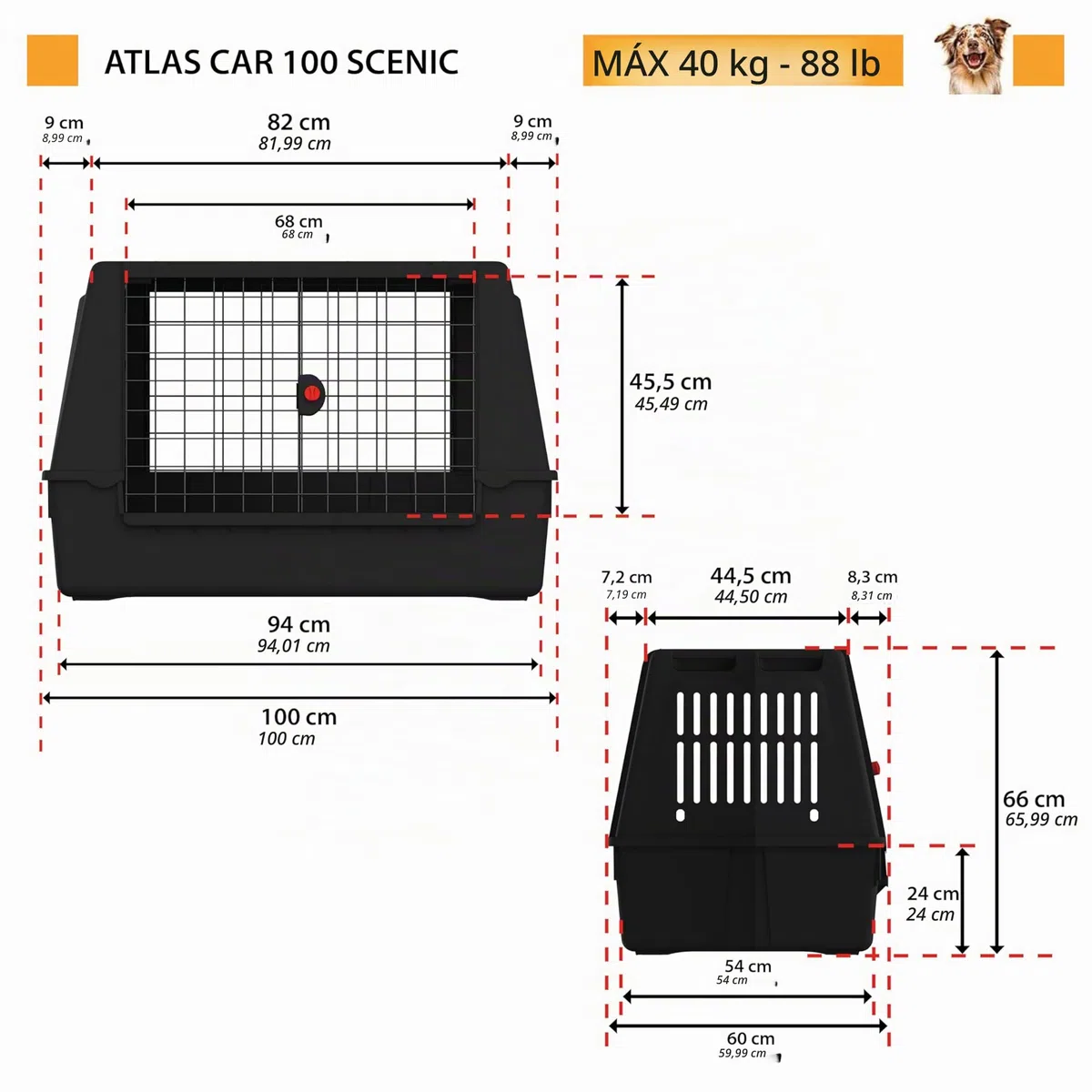 Ferplast Transportín Perro Coche Atlas Car Scenic 100, Extra Visibilidad, Puerta Corredera Doble Cerradura de Seguridad, Alfombrilla de Drenaje incluida L 100 x W 60 x H 66 cm. MAX 40 Kg.