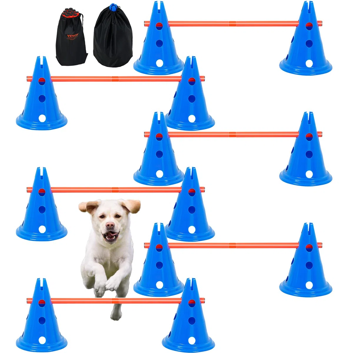VEVOR Equipo de Entrenamiento de Agilidad para Perros 6 Piezas Carrera de Obstáculos para Cachorros con 12 Conos 6 Varillas de Agilidad Barra Transversal Ajustable en Altura Bolsa de Almacenamiento