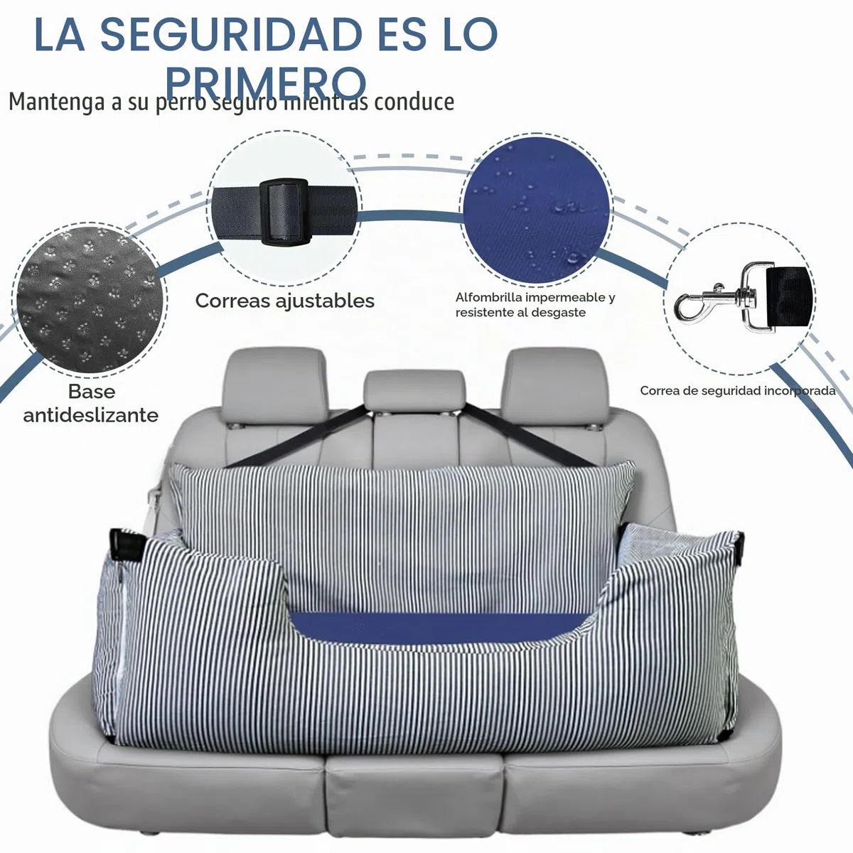 Asiento de coche para perros grandes de hasta 36 kg, cama lavable para perros, asiento para perros portátil con 2 correas de seguridad y base antideslizante