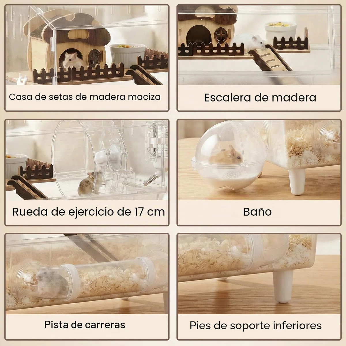 Gran jaula de acrílico para hámster con tapa abatible, 45 x 28 x 34 cm, completamente transparente, con decoraciones de casa de setas, apta para 5 a 8 hámsters