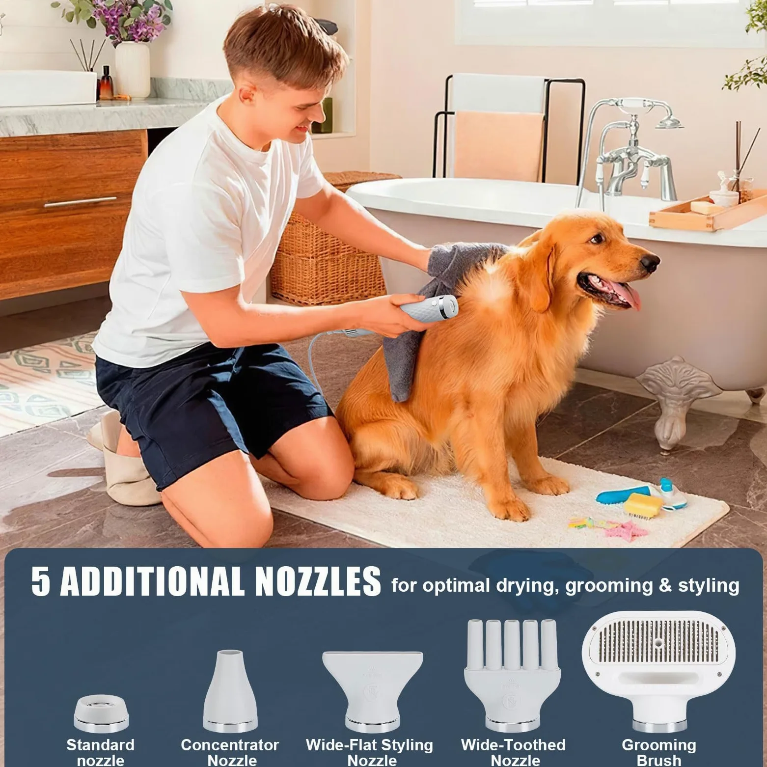 Ownpets Secador de pelo 5 en 1 para perros, secador de pelo portátil, secador de pelo portátil para mascotas, secador de pelo silencioso para perros y gatos, velocidad del viento y temperatura