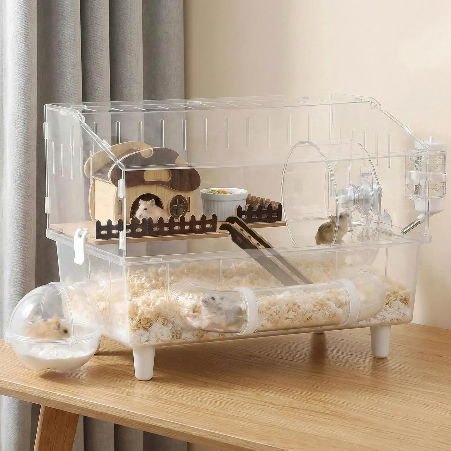Gran jaula de acrílico para hámster con tapa abatible, 45 x 28 x 34 cm, completamente transparente, con decoraciones de casa de setas, apta para 5 a 8 hámsters