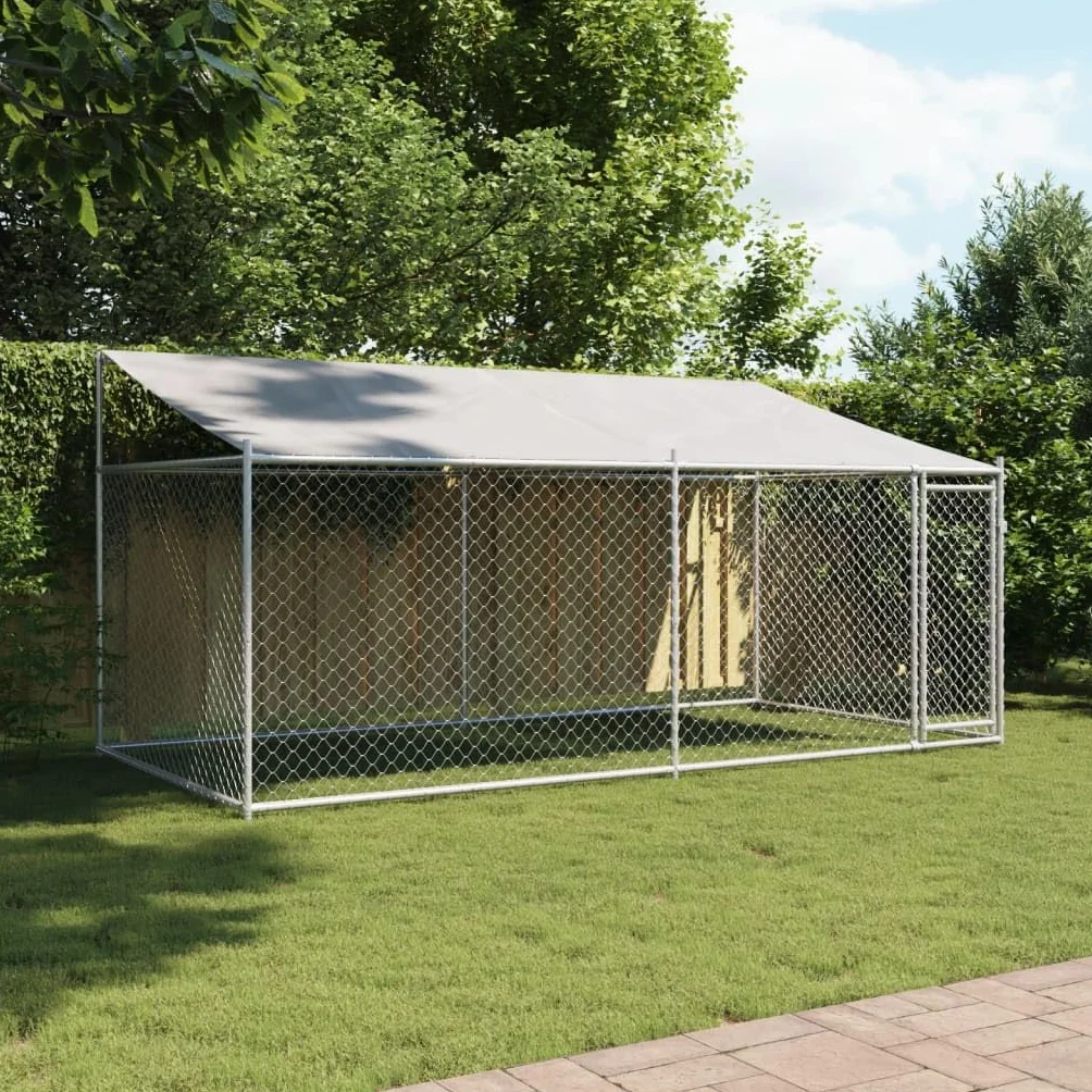 Homgoday Jaula de Perros Techo y Puerta Acero galvanizado Gris 4x2x2 m, Cercado para Perros Perrera Gallinas, Caseta para Perros Mascotas Animales Perro Grande Exterior