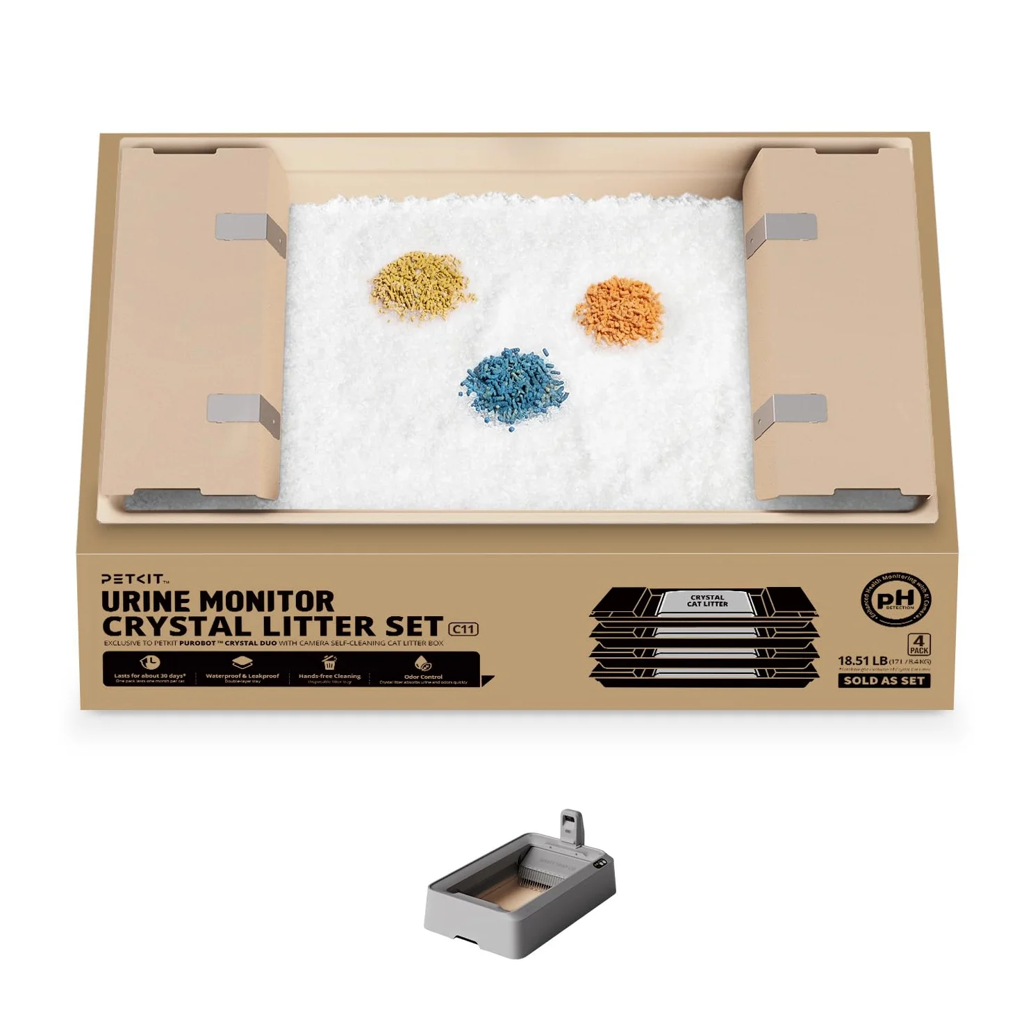 PETKIT Set de Arena Cristalina para Gatos, Monitor de Orina, para PUROBOT Crystal Duo Arenero Gatos Autolimpiable, Recogida Dual de Residuos, Bandeja Reemplazable, Control de Olores, 4 Piezas