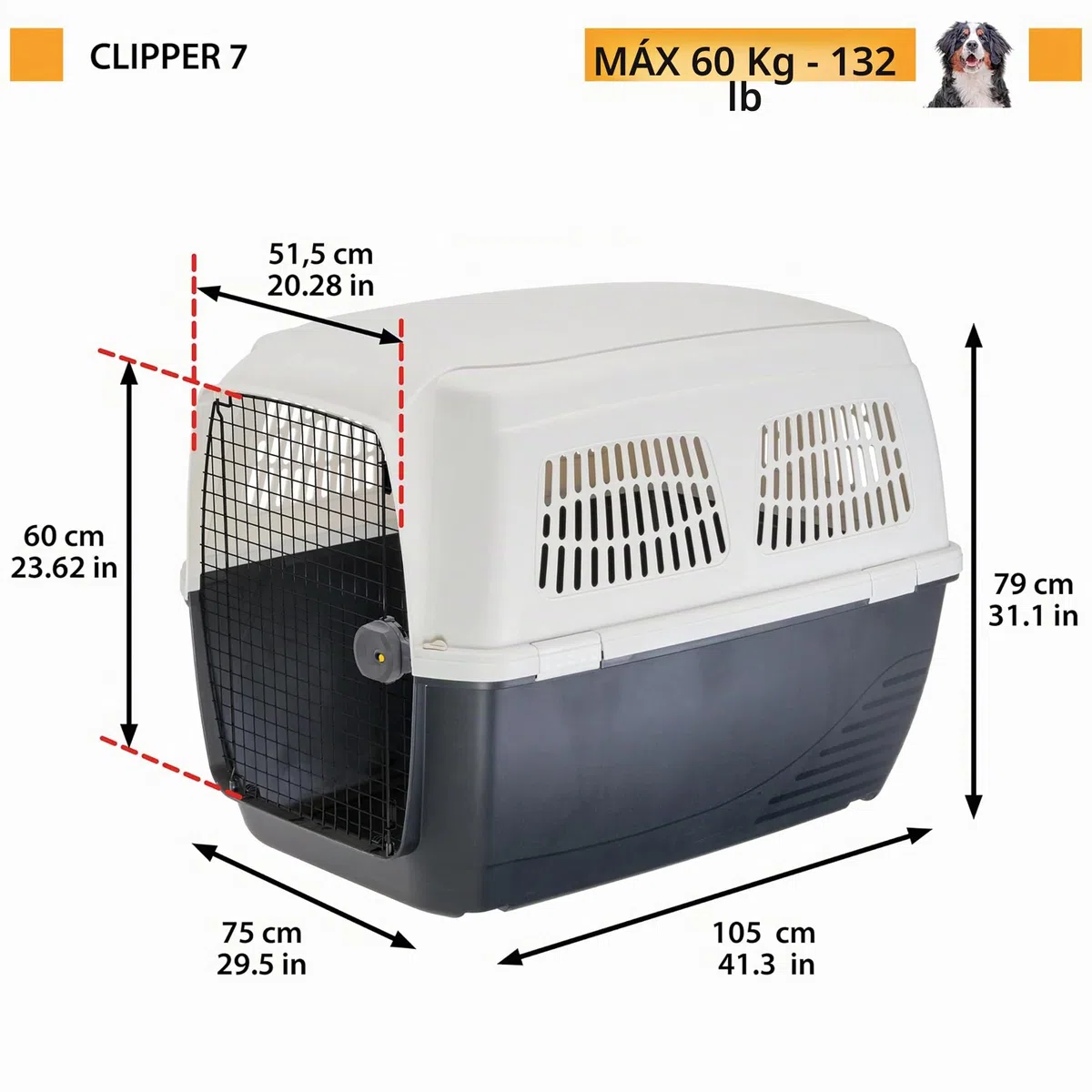 Ferplast Transportín Perro Clipper Plus, IATA, Transportín para Perros Grandes MAX 60 Kg, BleuCierre Seguro, Doble Compartimento para Accesorios, Asa extraíble, 105 x 75 x h 79 cm