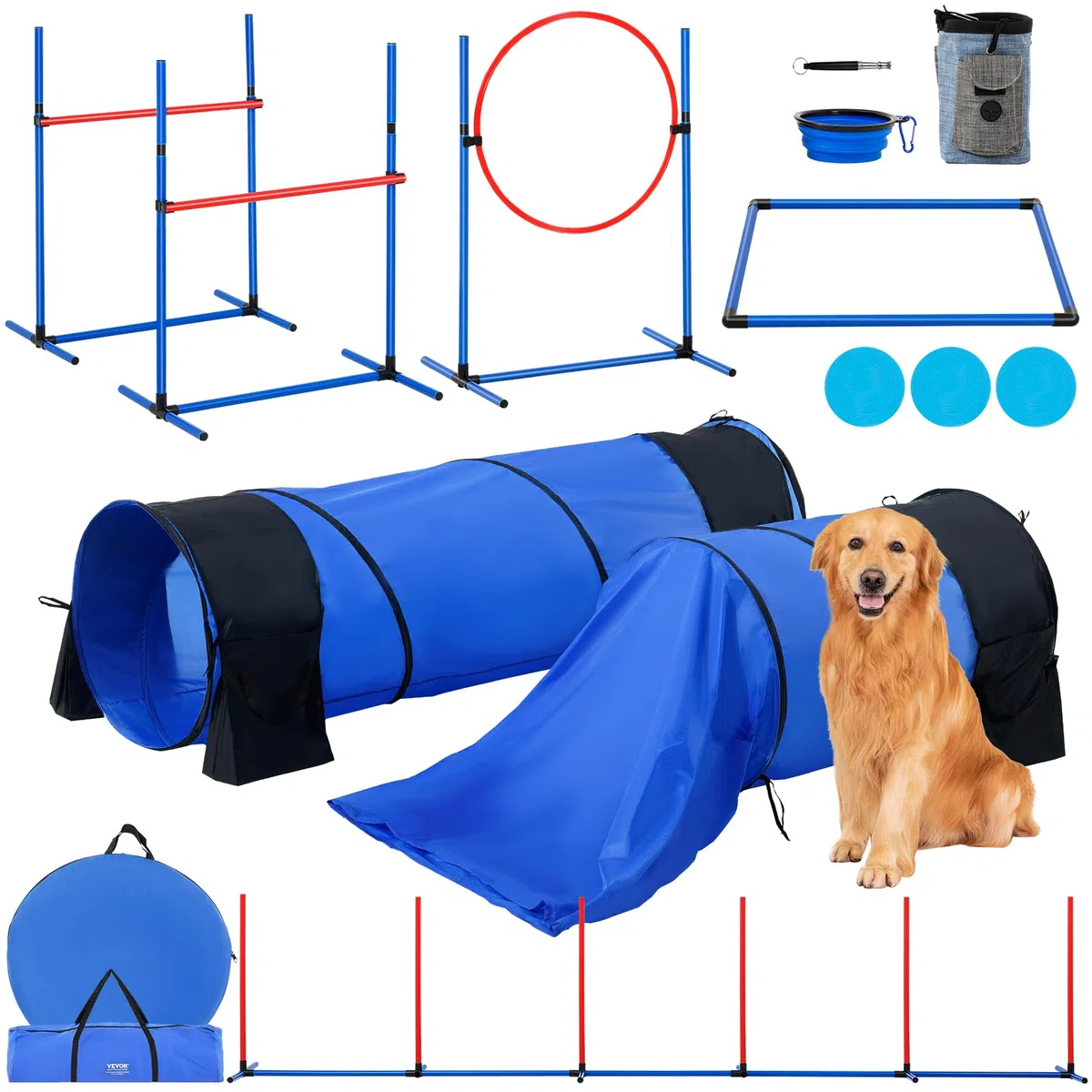 VEVOR Equipo de Entrenamiento de Agilidad para Perros 7 Piezas Carrera de Obstáculos para Cachorros con Vallas Altas Ajustables 6 Postes 2 Túneles Anillo de Salto Caja de Descanso Silbato Cuenco