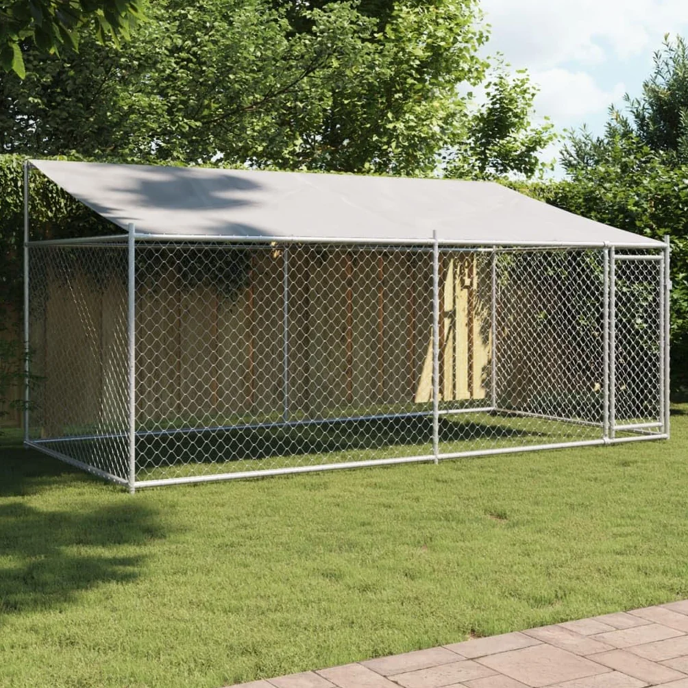 Homgoday Jaula de Perros Techo y Puerta Acero galvanizado Gris 4x2x2 m, Cercado para Perros Perrera Gallinas, Caseta para Perros Mascotas Animales Perro Grande Exterior