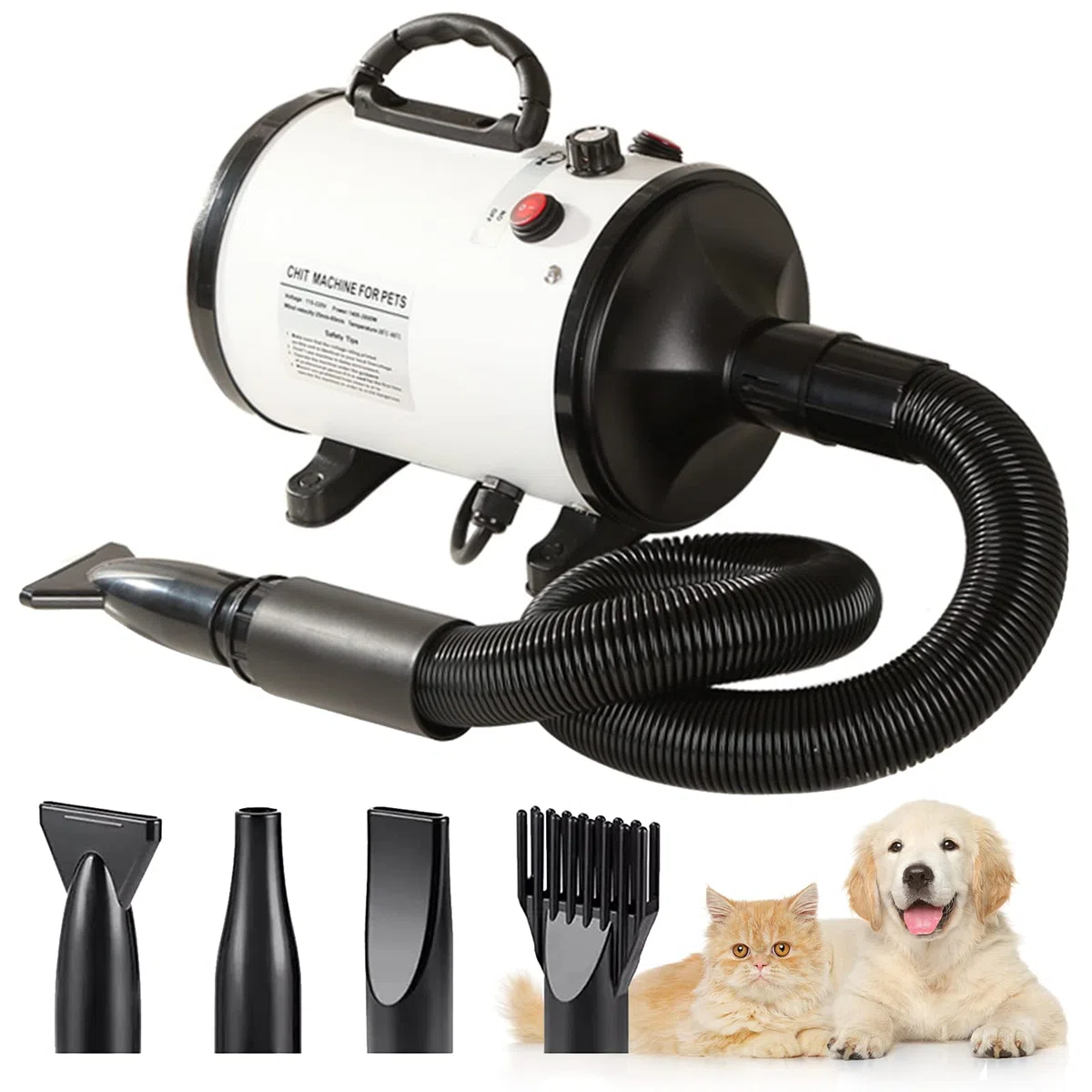 Secador de Pelo Para Perros, 2800 W Low Noise Mascotas Secador Soplador de pelo de Velocidad Continua y Temperatura Ajustable, Profesional Secador Perro con 4 boquillas y manguera larga (Blanco)