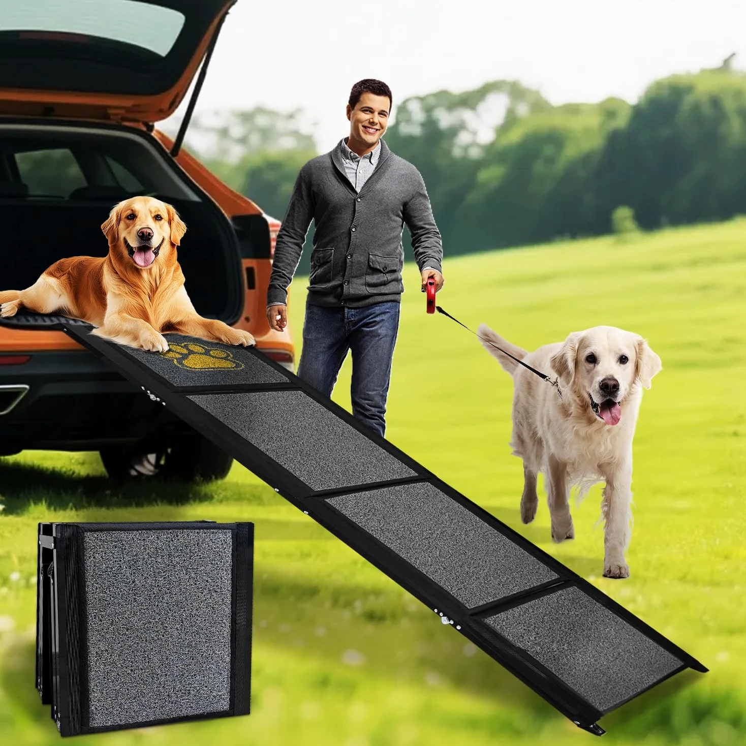 Rampa para Perros de Coche Plegable 170 x 50 cm Gris, con Superficie Alfombrada Antideslizante, hasta 70 kg, Aluminio Ligero para Mascotas, para Coches, Camiones, Todoterrenos y Escaleras Exteriores