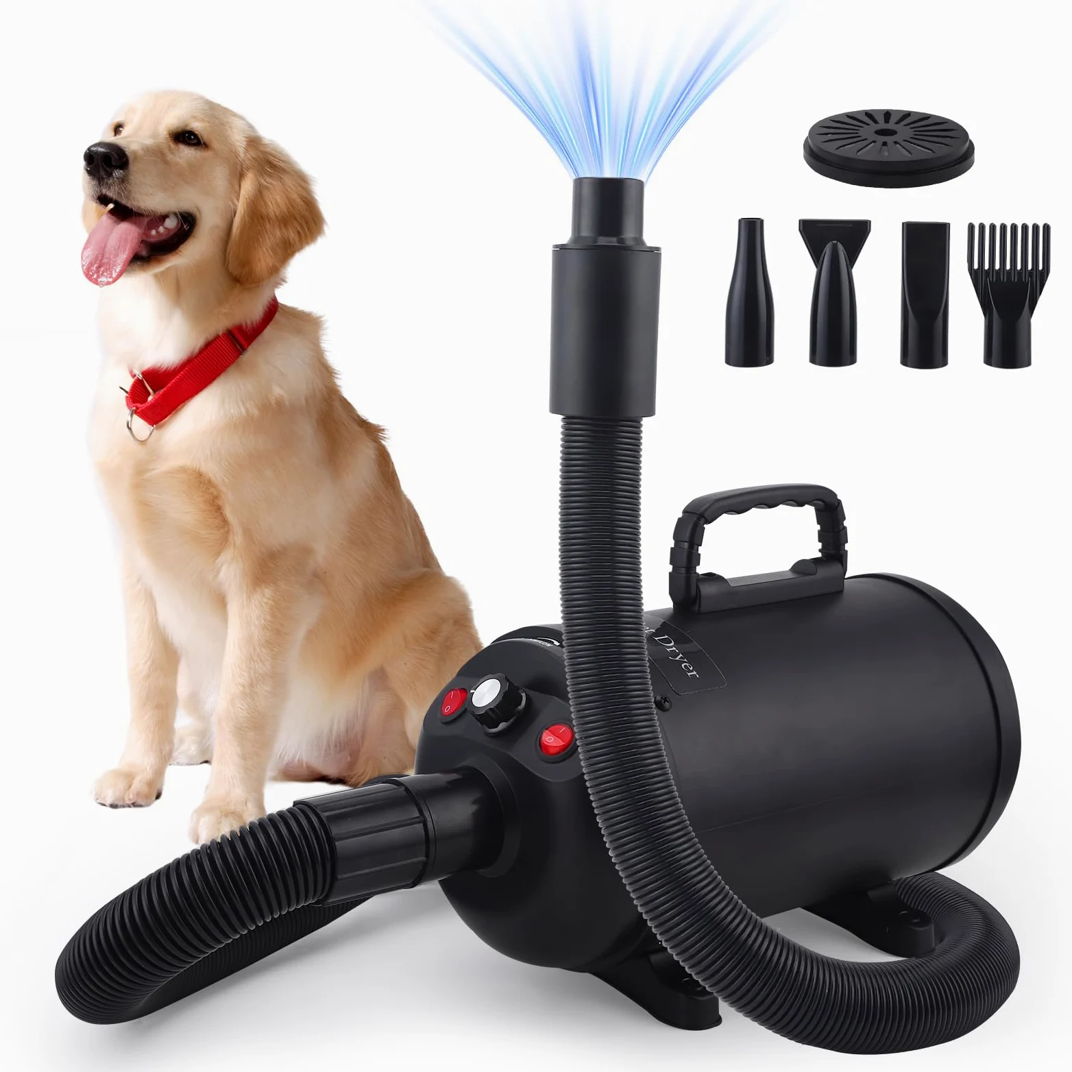 Secador de Pelo de Perro Blaster 5.2 CV / 3800 W, Profesional Secador de Pelo para Mascotas con 4 Boquillas, Velocidad y Calor Ajustables