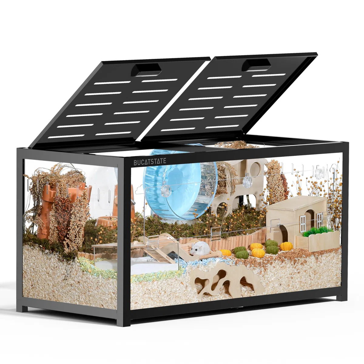 BUCATSTATE Jaula para Hámster 3.0: Metal Espaciosa Hábitat para Animales Pequeños Apilable con Acceso Superior, Fácil Montaje para Hámster Sirio Enano, Ratones 100L x 50W x 52H CM (Negro)