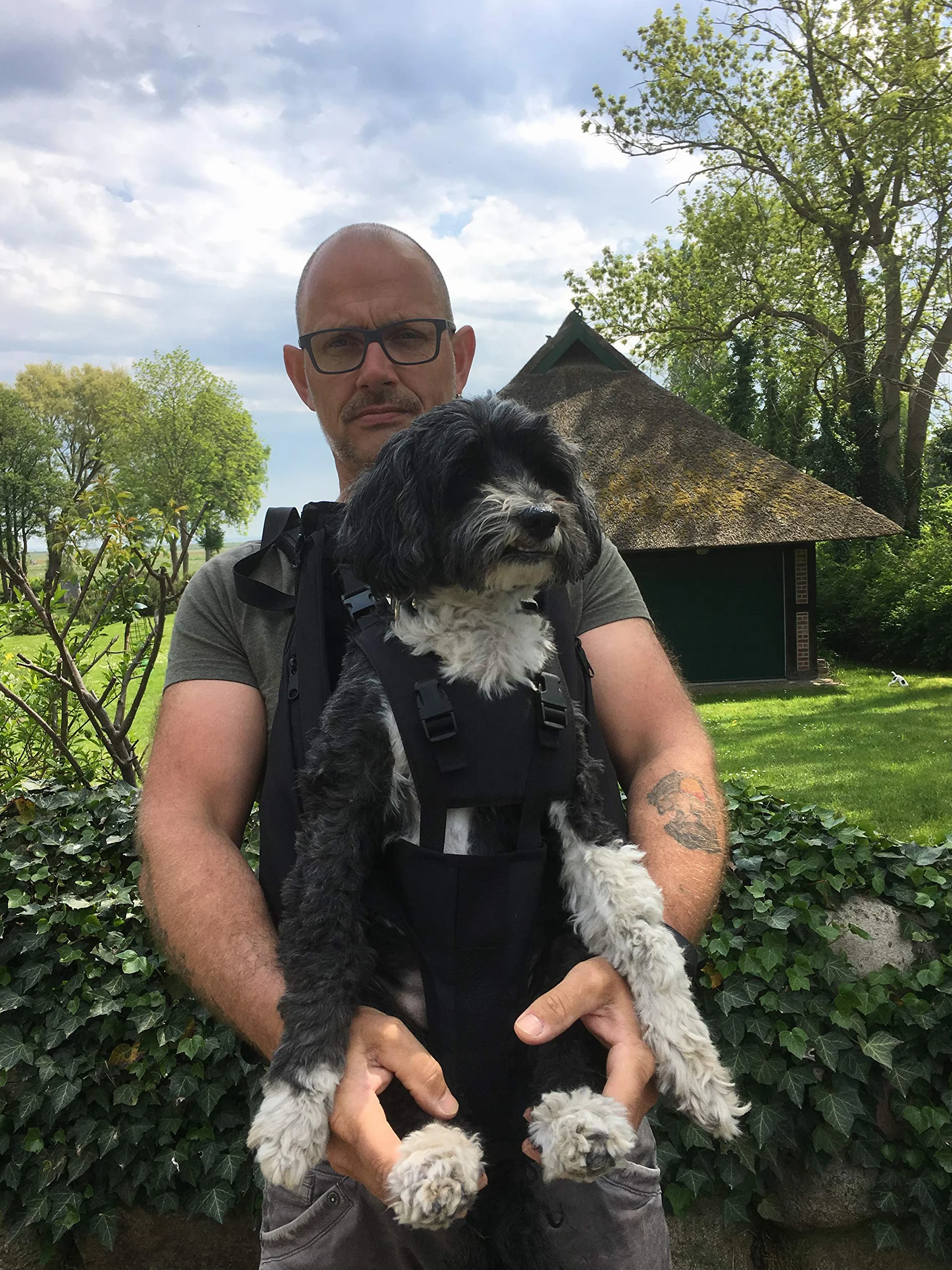 Mochila para perros XXL patentada, para perros macizos, compactos y fuertes de 16-30 kg de peso con sistema de transporte de 4 correas patentado