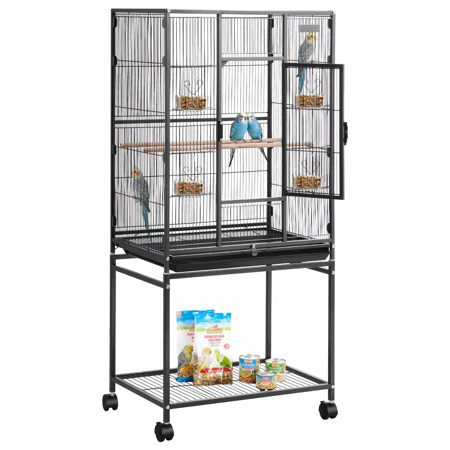 VEVOR Jaula para Pájaros, 625 x 425 x 1370 mm, Techo Plano, Hierro Forjado, con Perchas, Bandeja Extraíble y Comederos Plástico, Ruedas, para Loros, Herrerillos Comunes, Cacatúas Ninfas, Canarios
