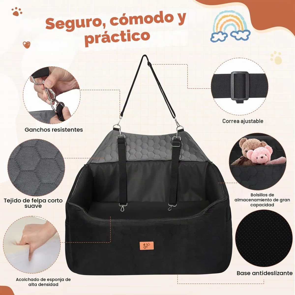 Asiento de Coche para Perros 78x55x53cm, Extraíble y Lavable para Medianos y Grandes, Incluye Correa para Perros Grandes y Pesados (con Funda de Piel Impermeable)