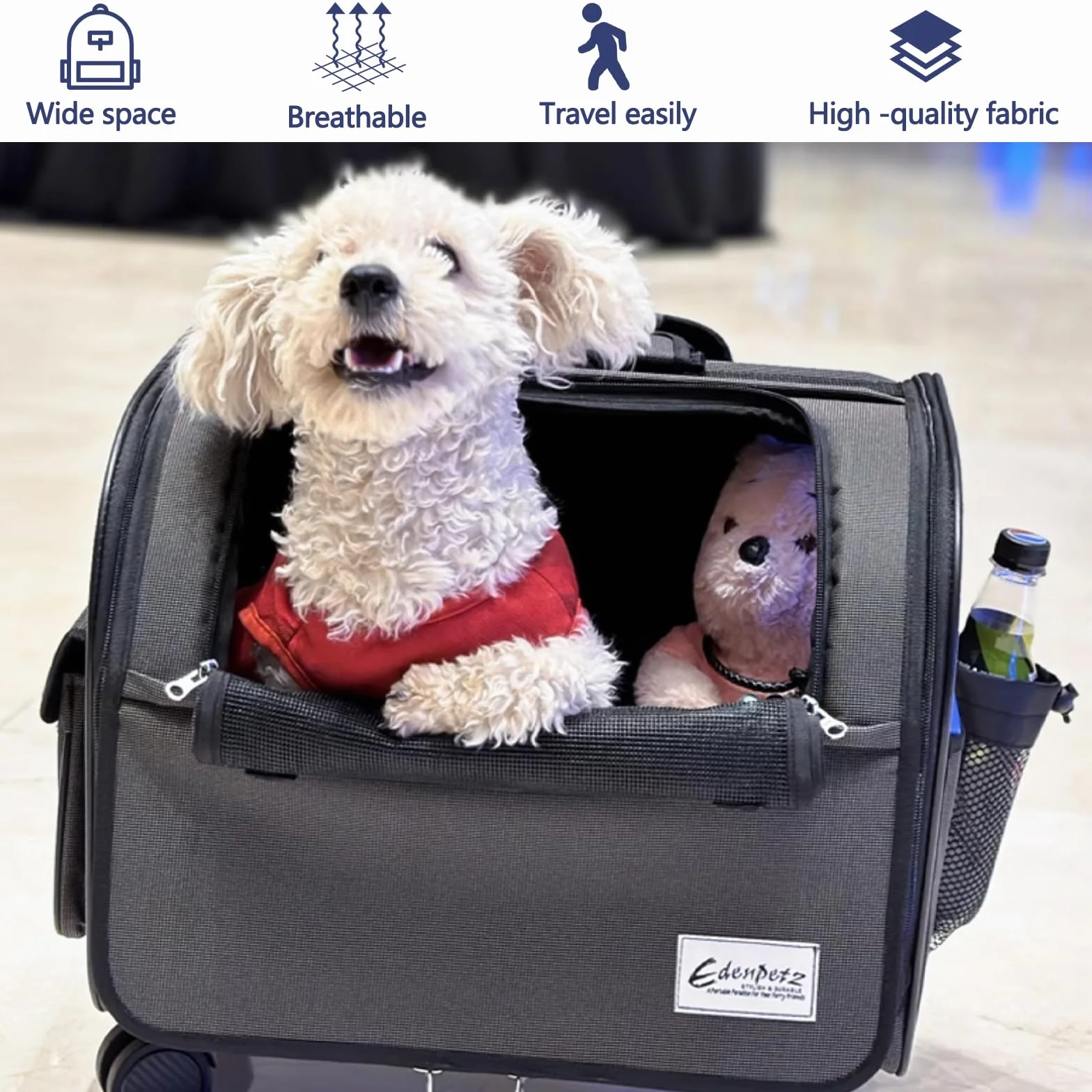Galatée Bolsa De Viaje para Perros con Ruedas Extraíbles, Transportín para Mascotas Aprobado por Aerolíneas, Bolsa Plegable para Gatos con Malla Transpirable, Cochecito para Mascotas(Azul)