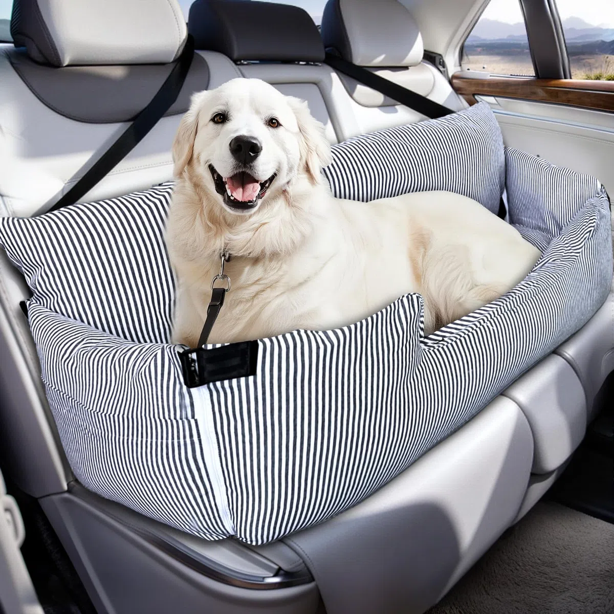 Asiento de coche para perros grandes de hasta 36 kg, cama lavable para perros, asiento para perros portátil con 2 correas de seguridad y base antideslizante