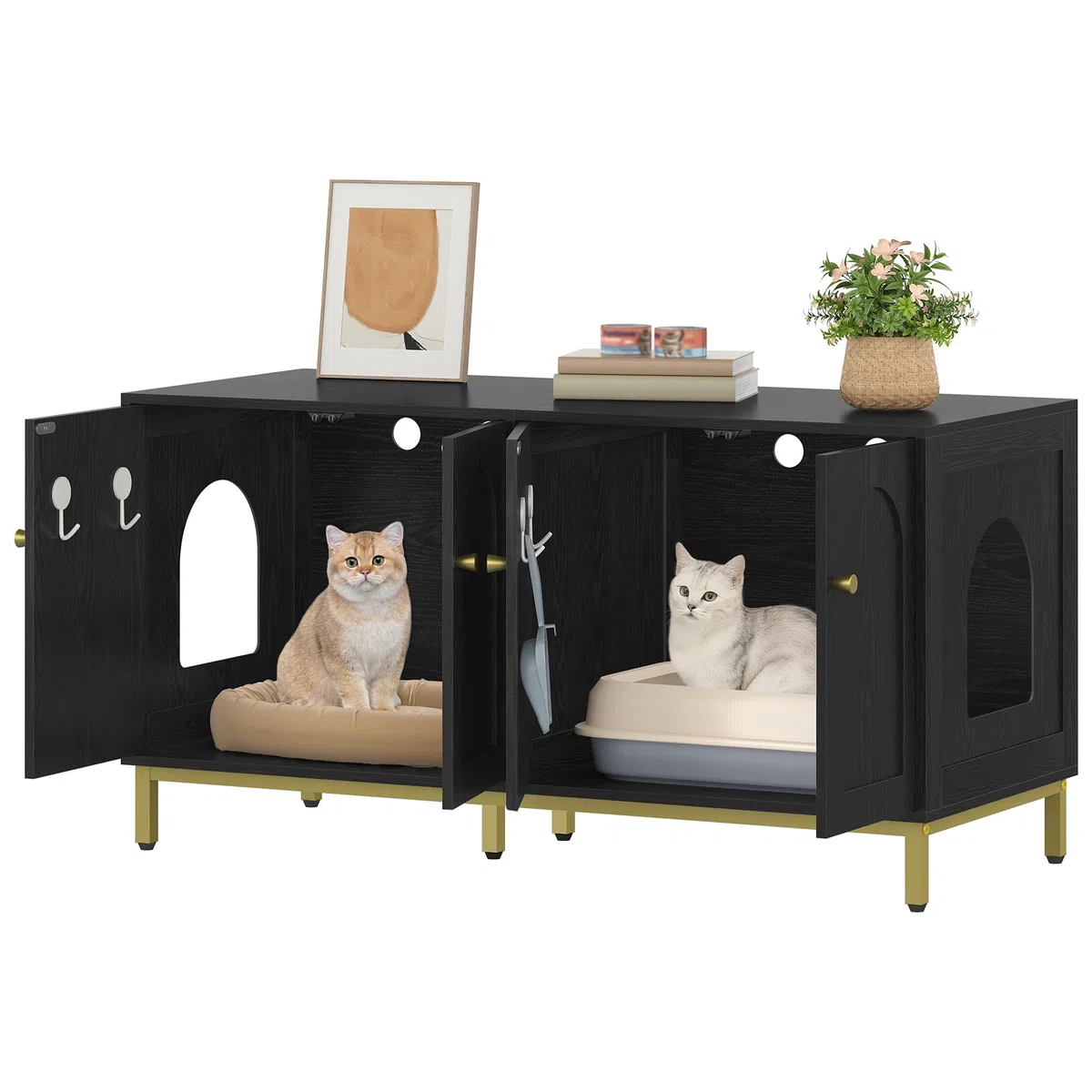 Hzuaneri Caja de Arena para 2 Gatos, 119cm Mueble para Caja de Arena Oculta, Casa de Madera para Mascotas, Mueble de Almacenaje, Se Adapta a la Mayoría de Arenero Gato, Negro CB82304A
