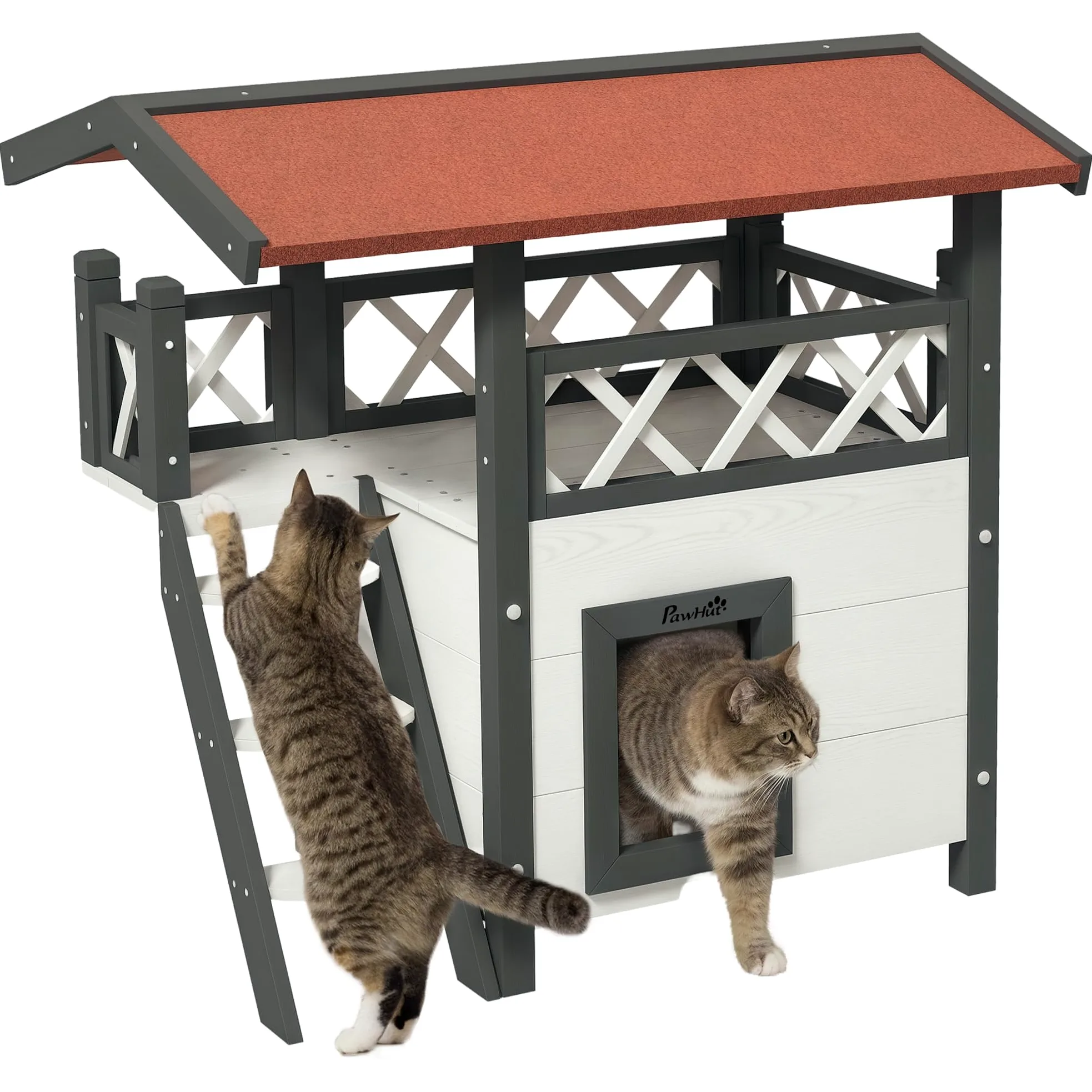 PawHut Casa para Gatos de Madera 77x50x73 cm de 2 Niveles, Caseta para Gatos, Refugio con Techo Asfáltico, Balcón y Escalera, para Exterior, Blanco