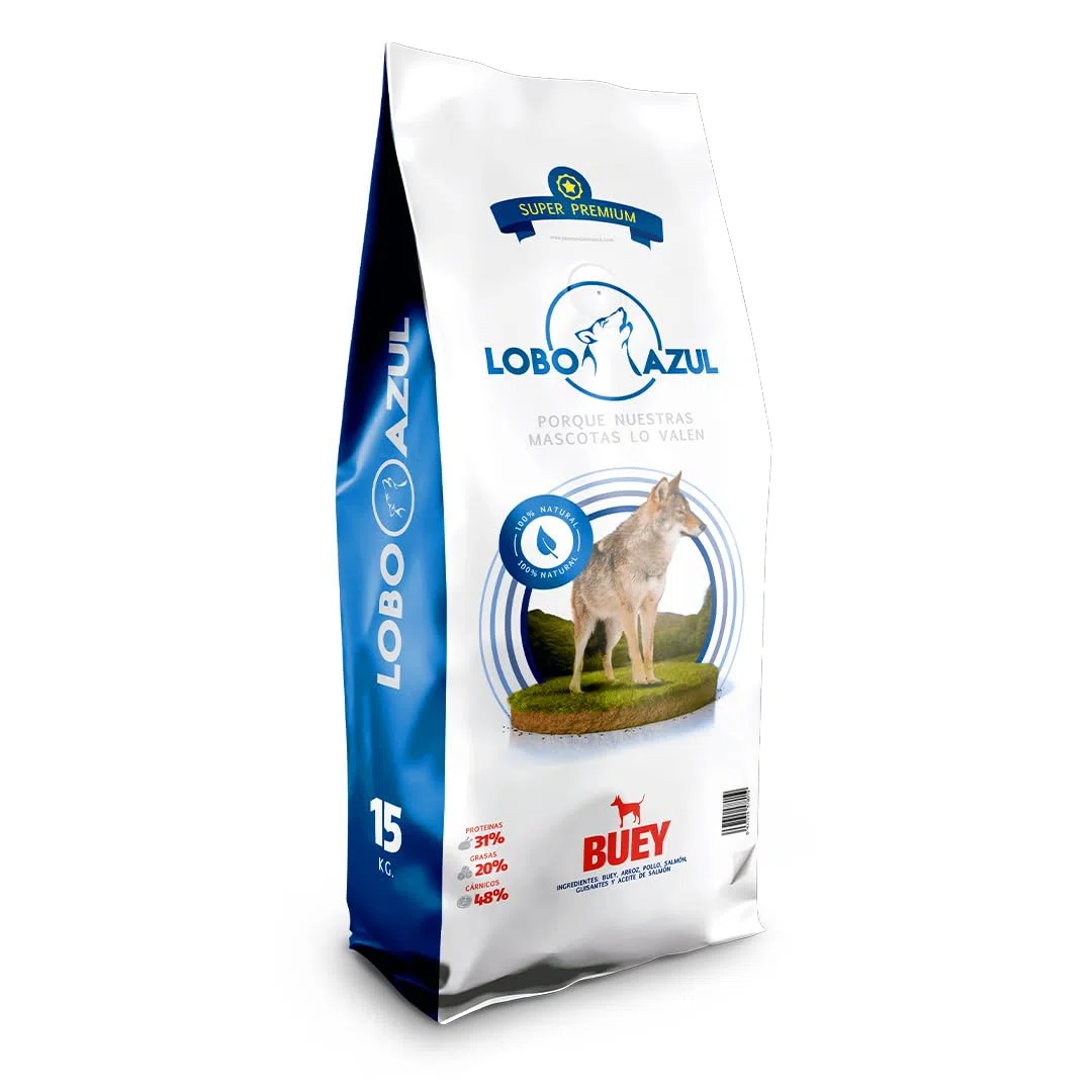Pienso Super Premium Buey - Alimento para Perros Adultos con Buey, Pollo, Salmón, Atún y Aceite de Salmón - Natural - Sin Gluten - Actividad Alta - Lobo Azul