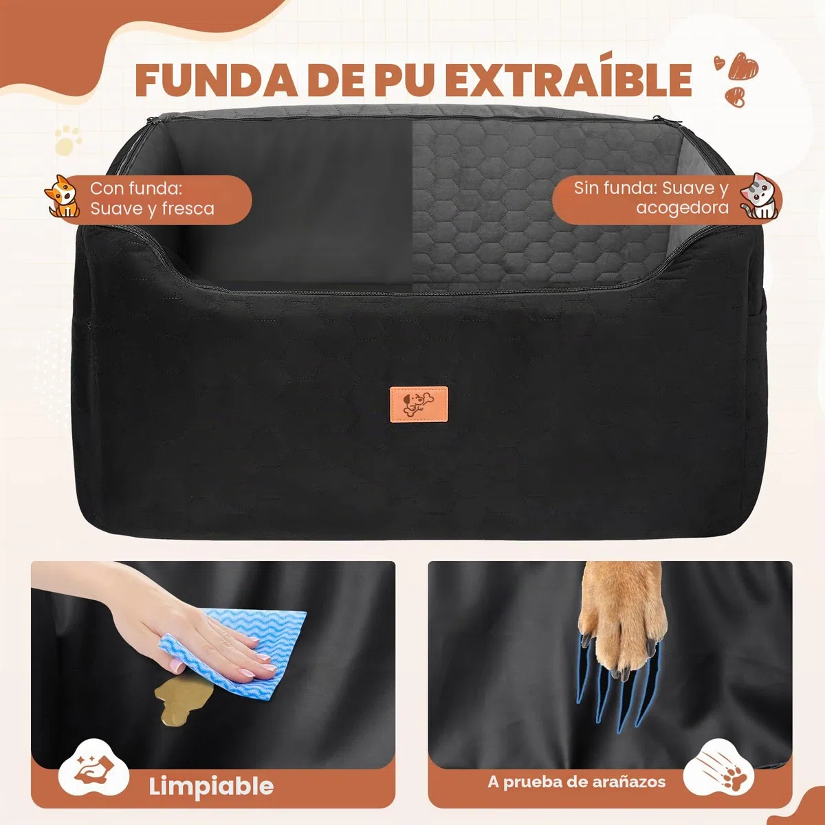 Asiento de Coche para Perros 78x55x53cm, Extraíble y Lavable para Medianos y Grandes, Incluye Correa para Perros Grandes y Pesados (con Funda de Piel Impermeable)