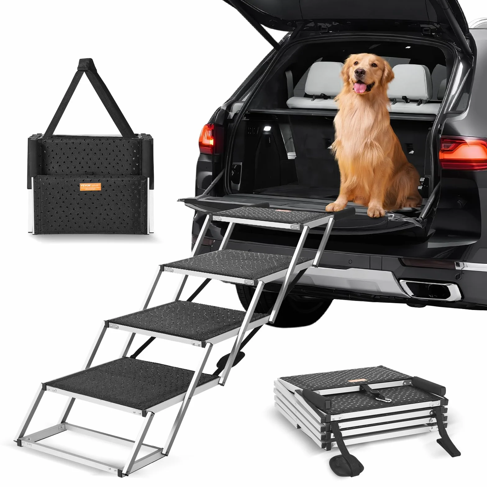 VEVOR Escaleras para Perros para Coche de 4 escalones, Carga de 113 kg Rampa Plegable para Perros de Aluminio Ligero con Superficie Antideslizante Escalones Portátiles de Mascotas para Coche y Camión