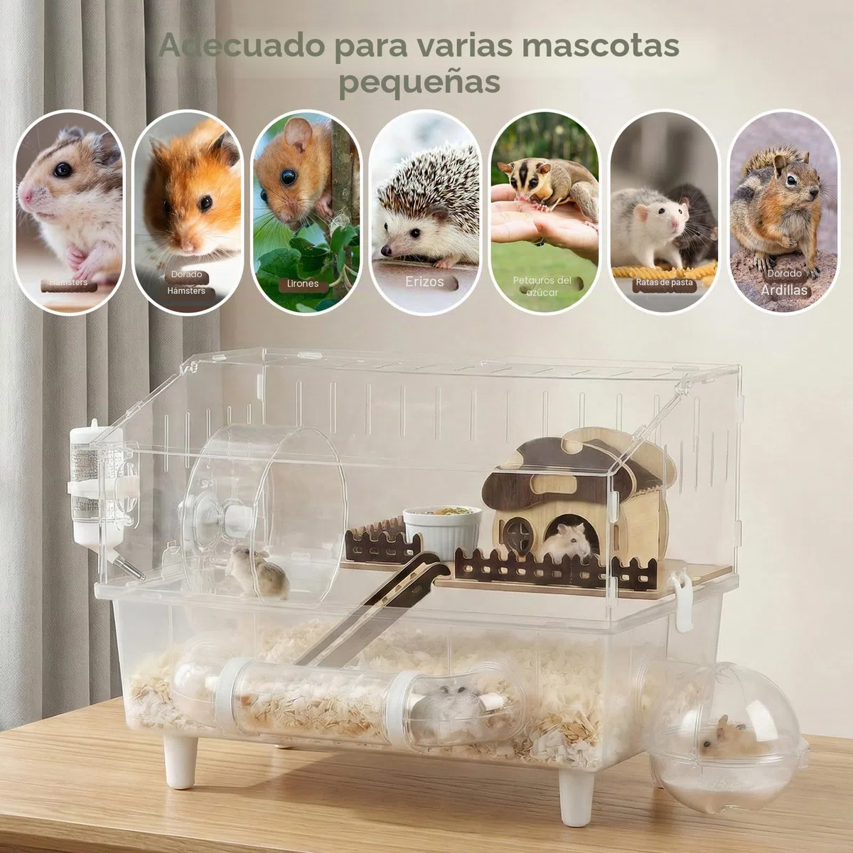 Gran jaula de acrílico para hámster con tapa abatible, 45 x 28 x 34 cm, completamente transparente, con decoraciones de casa de setas, apta para 5 a 8 hámsters