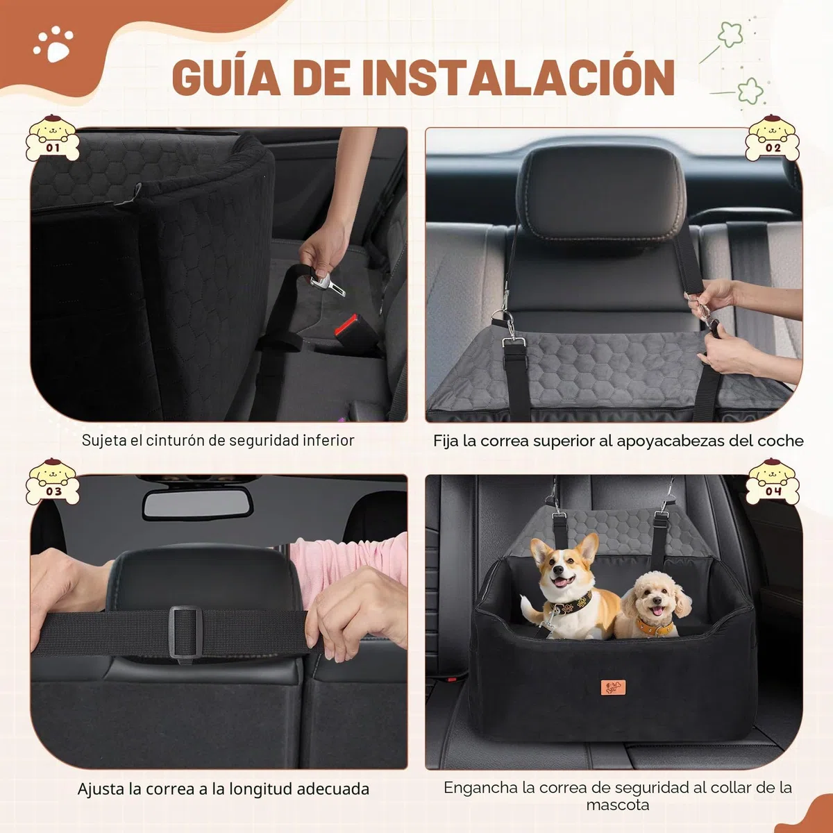 Asiento de Coche para Perros 78x55x53cm, Extraíble y Lavable para Medianos y Grandes, Incluye Correa para Perros Grandes y Pesados (con Funda de Piel Impermeable)