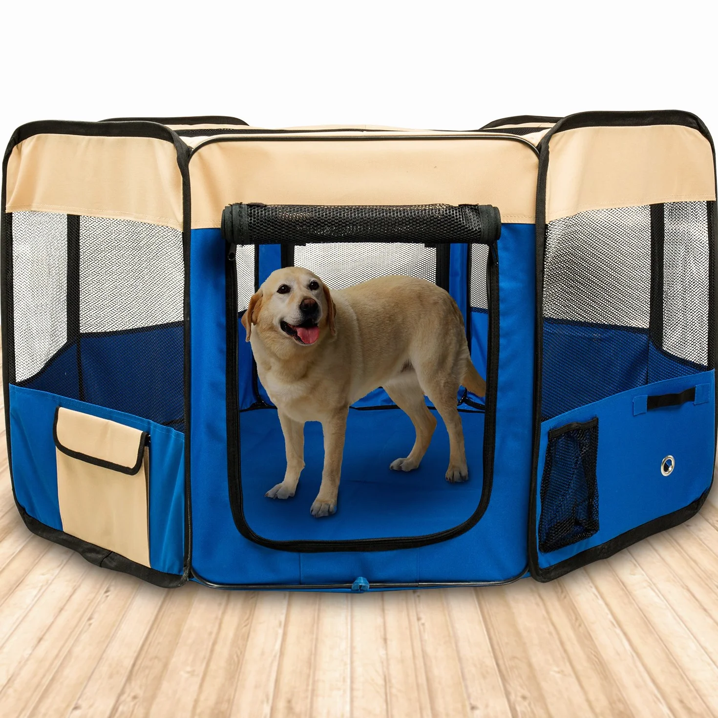 Parque Perro Gato Conejo Mascota de Juego Entrenamiento Dormitorio Plegable Lavable Durable Octágono (XL, Azul)